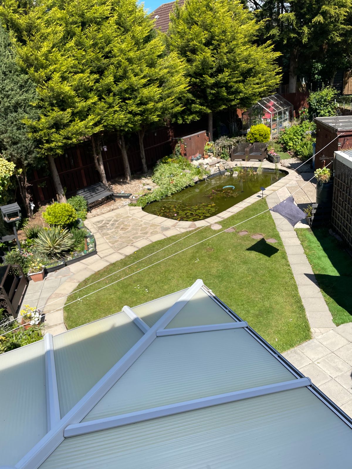 Clean patio overlooking a garden