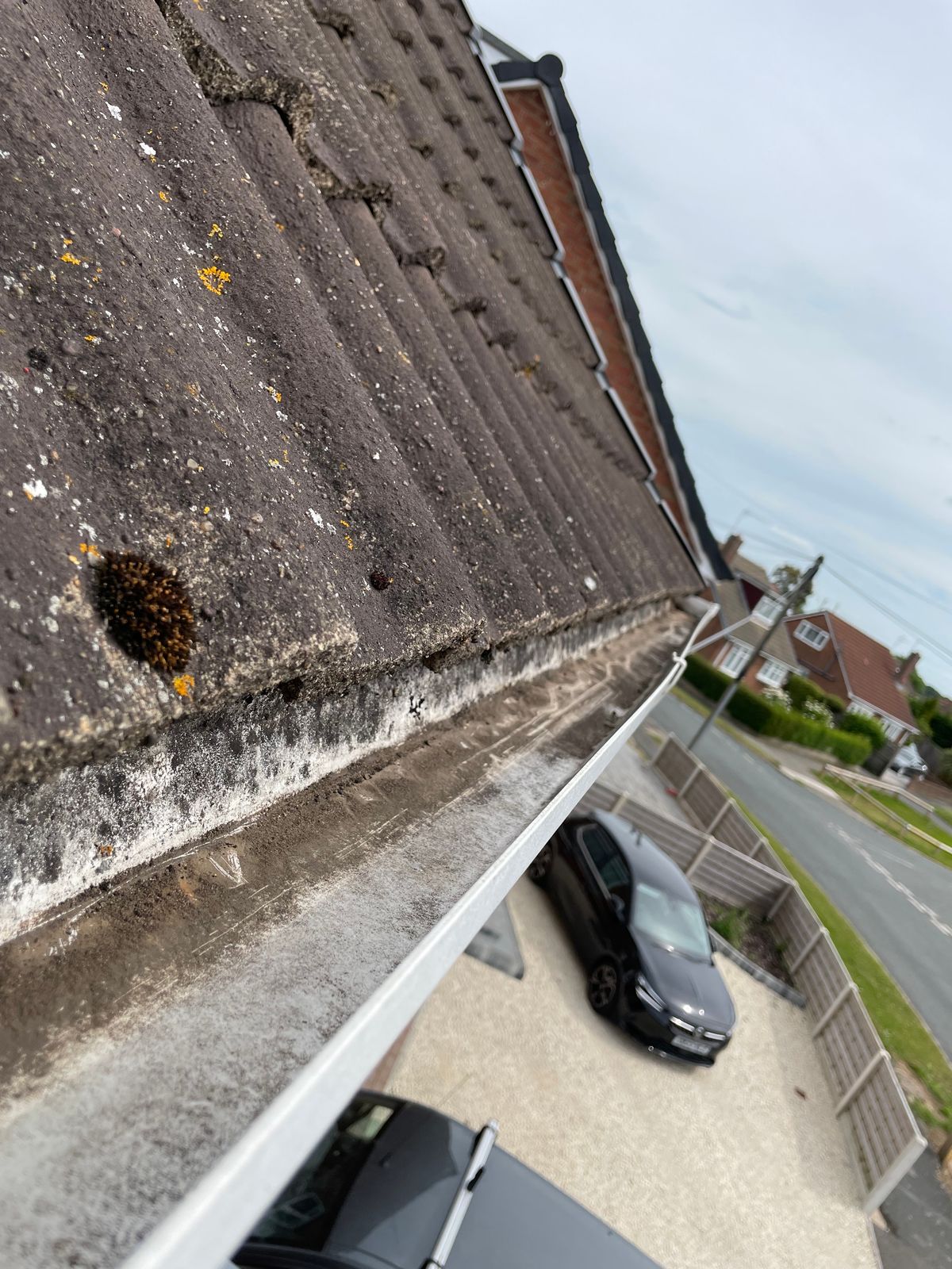 Cleared roof gutter with view over a driveway